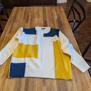 UUE Women's XL Yellow and Blue Blocks over Cream Crew Neck Sweater